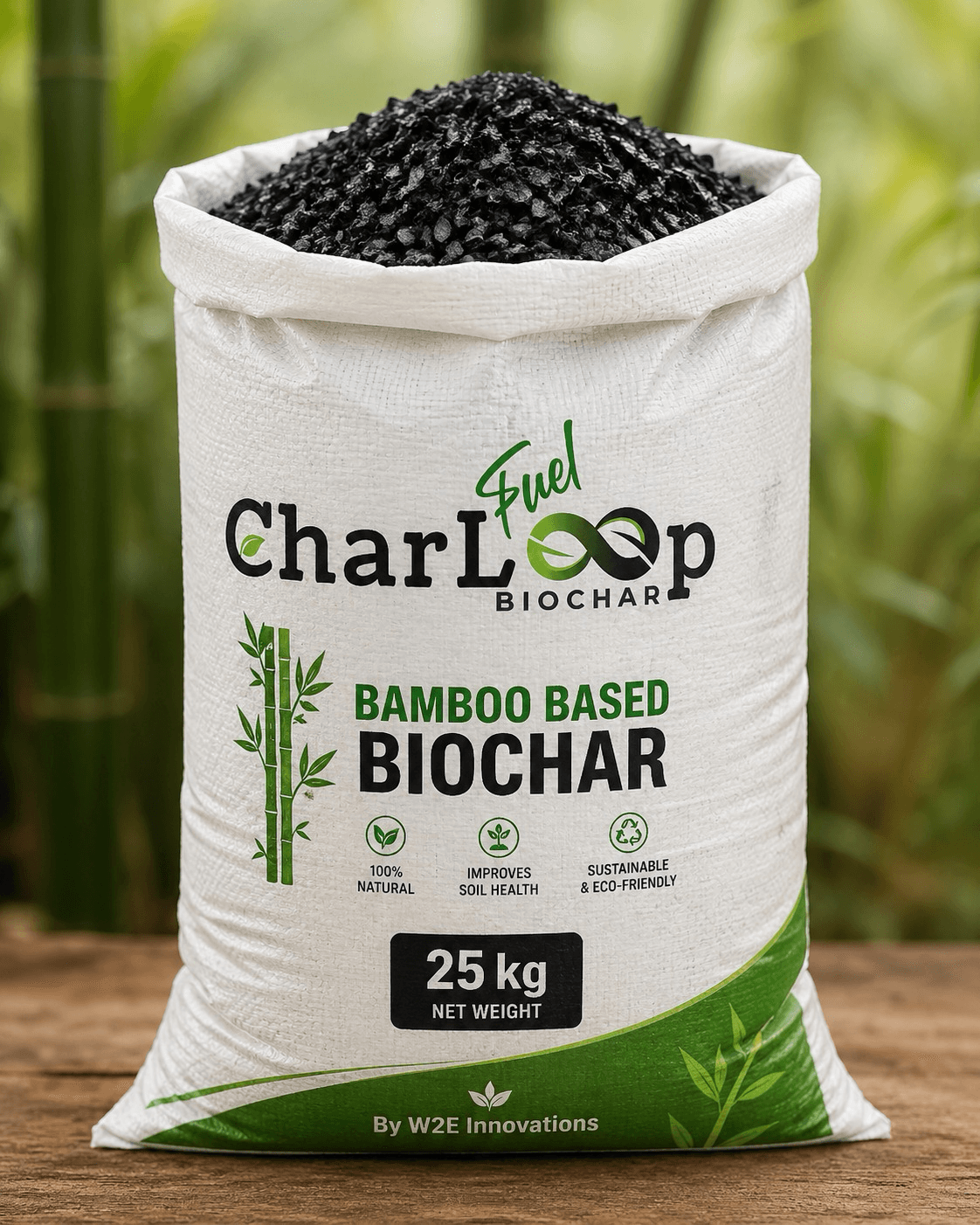 CharLoop bamboo-based biochar in a 25 kg bag, set against bamboo
